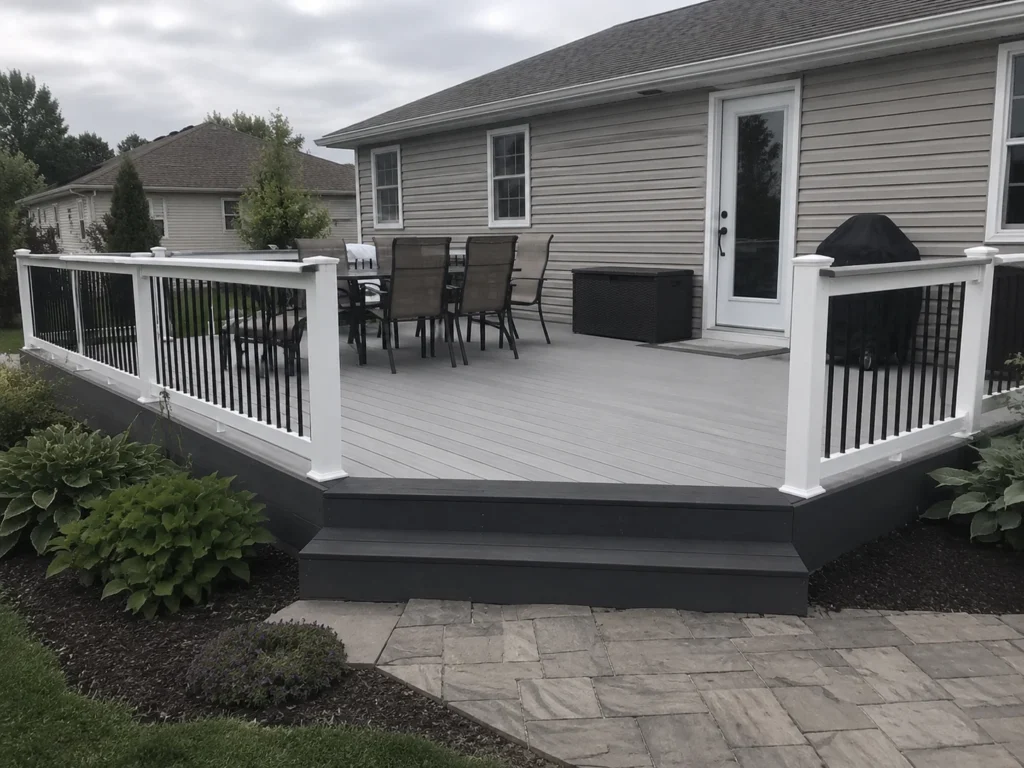 Finished gray composite deck with white railing in West Branch, Iowa.