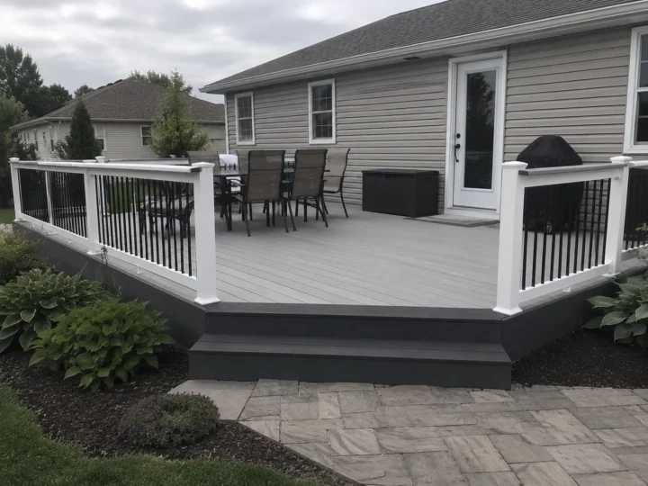 Finished gray composite deck with white railing in West Branch, Iowa.