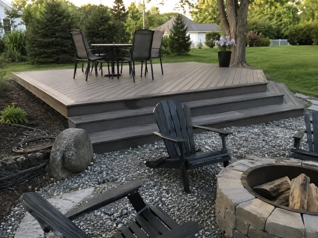Finished gray composite platform deck with steps in West Liberty, Iowa.