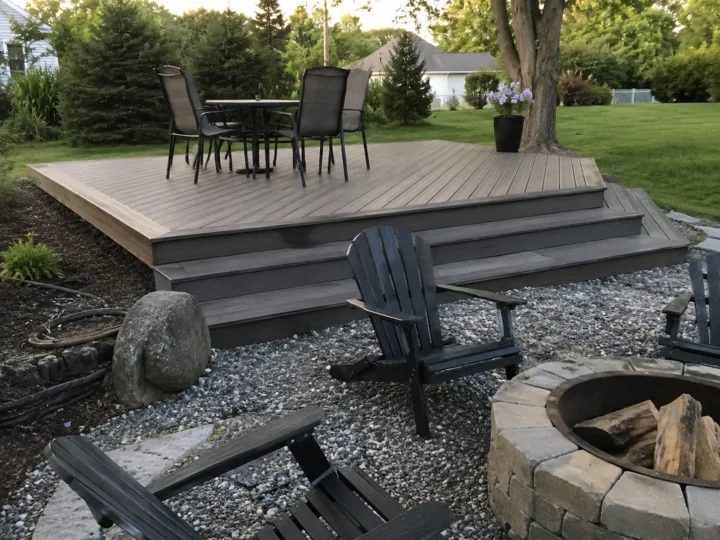 Finished gray composite platform deck with steps in West Liberty, Iowa.