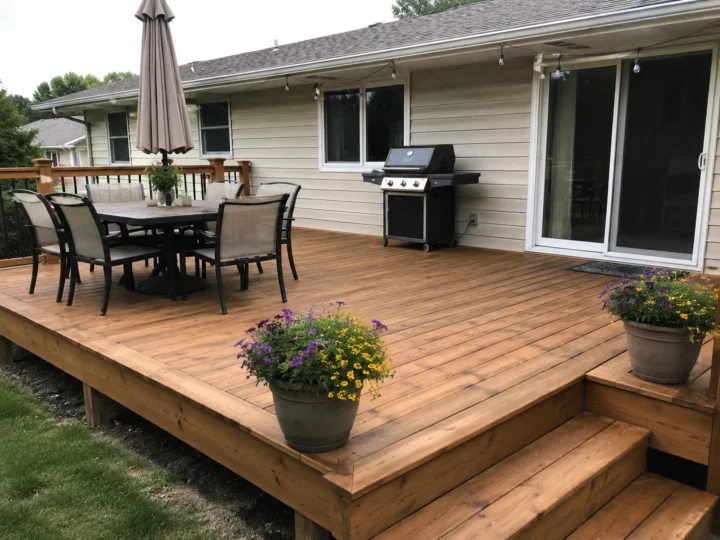 Finished ground level wood deck with patio furniture in Coralville, Iowa.
