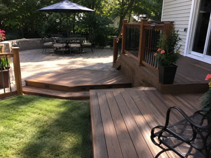 Finished multilevel stained wood deck in Hills, Iowa.
