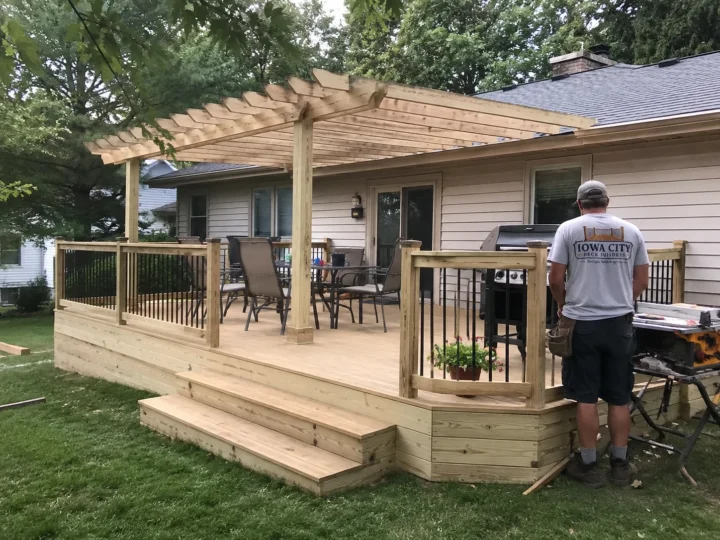 Finished pergola deck with steps and railing in Tiffin, Iowa.
