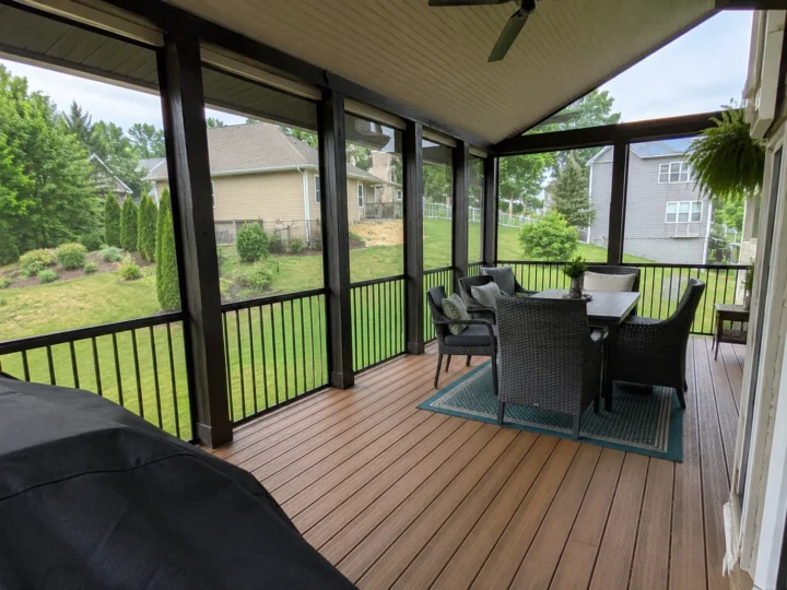Finished screened porch interior in Williamsburg, Iowa.