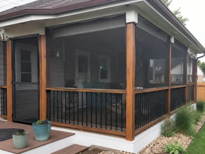 Finished screened porch with black railing in Swisher, Iowa.