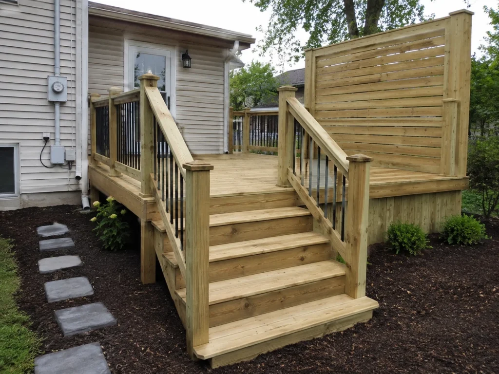 Finished small wood deck with privacy screen in Oxford, Iowa.