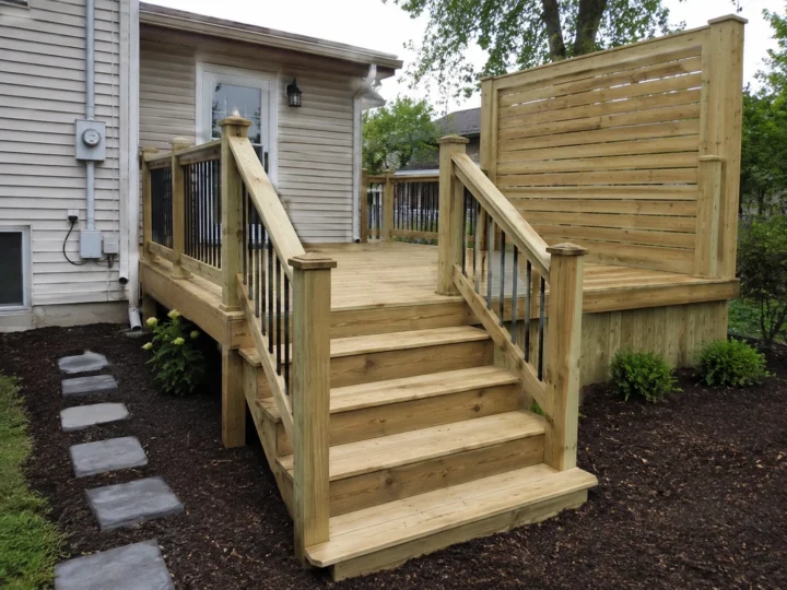 Finished small wood deck with privacy screen in Oxford, Iowa.