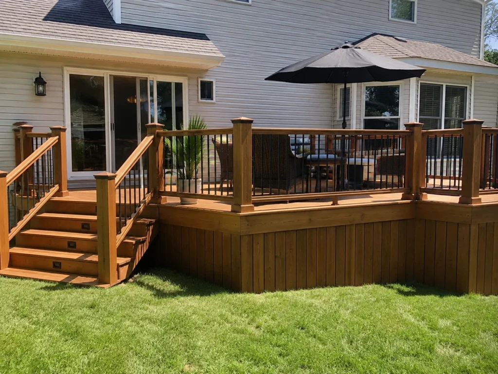 Finished stained wood deck with black railing in Lone Tree, Iowa.