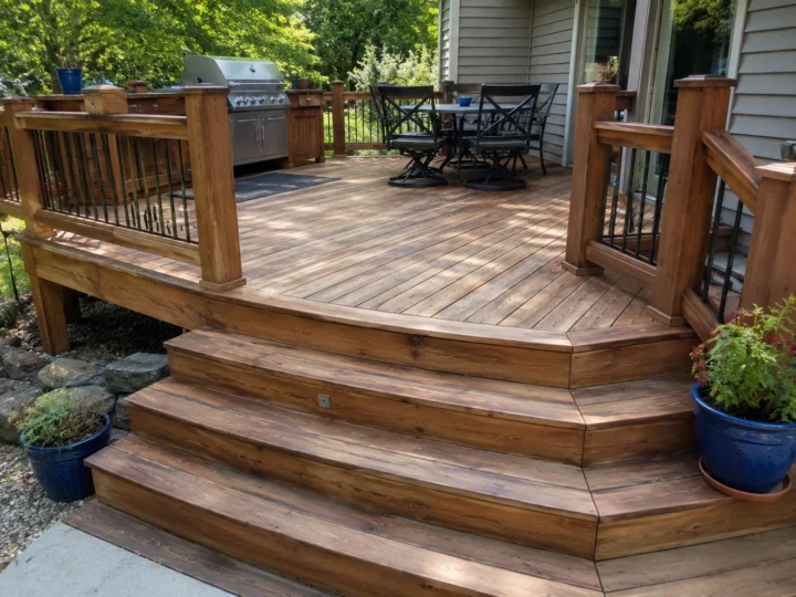 Finished stained wood deck with wide stairs in Marengo, Iowa.