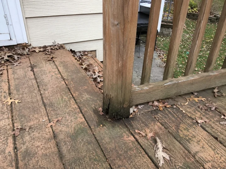 Rotted deck boards close up in Riverside, Iowa.