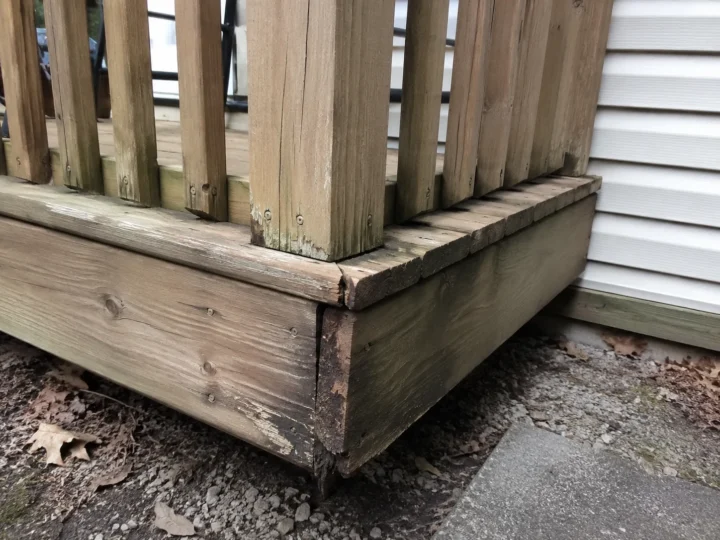 Rotted deck corner and framing showing moisture damage in the Iowa City service area.