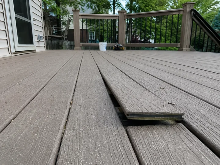 Warped composite deck boards close up in Williamsburg, Iowa.
