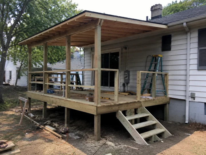 Wood covered deck under construction in Iowa City, Iowa.