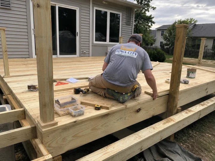 Worker building covered deck posts and framing on a residential deck project in Shueyville, Iowa.
