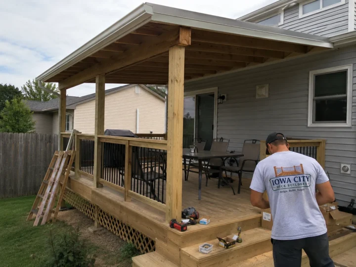 Worker building covered porch railing on a residential deck project in Coralville, Iowa.