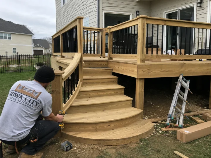 Worker building curved wood deck stairs on a residential deck project in Coralville, Iowa.