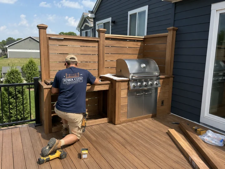 Worker building grill area privacy screen on a residential deck project in Iowa City, Iowa.