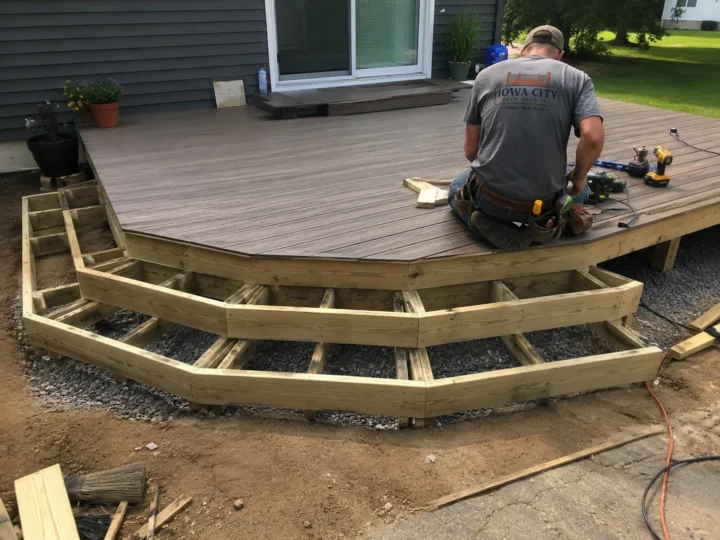 Worker building rounded deck stairs on a residential deck project in Riverside, Iowa.