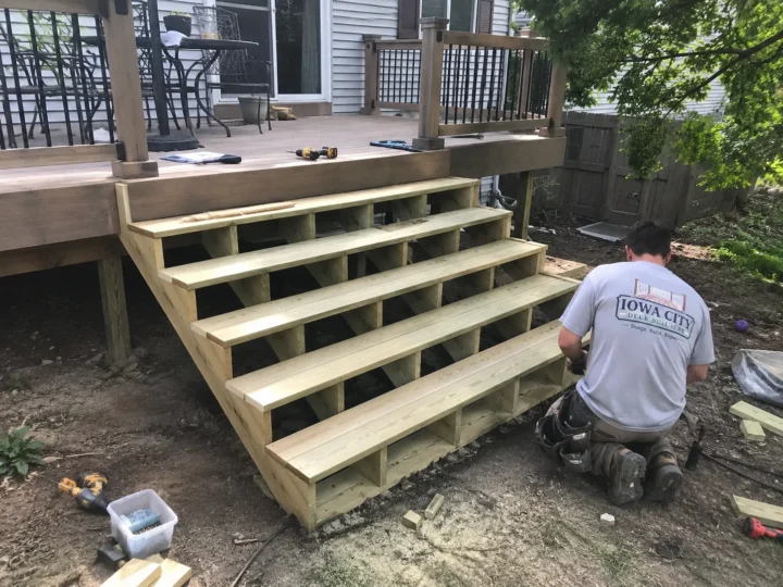 Worker building wide wood deck stairs on a residential deck project in Lone Tree, Iowa.