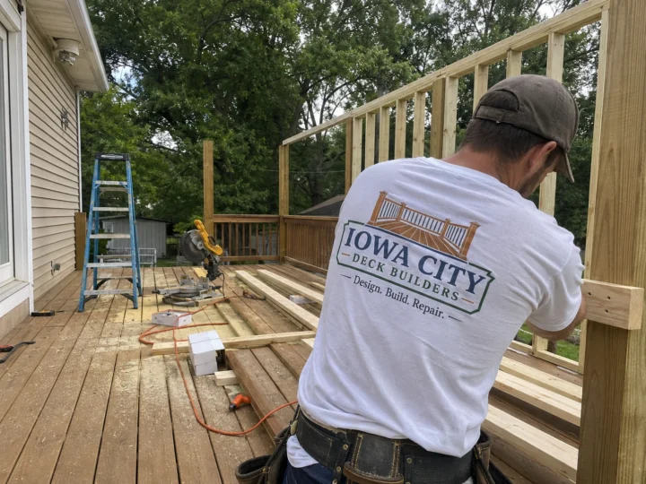 Worker building wood deck railing on a residential deck project in Shueyville, Iowa.