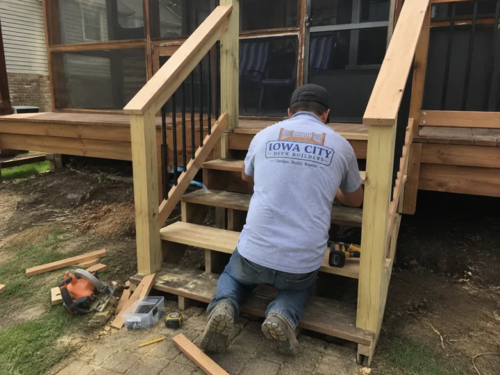 Worker building wood deck stairs and railing on a residential deck project in Nichols, Iowa.