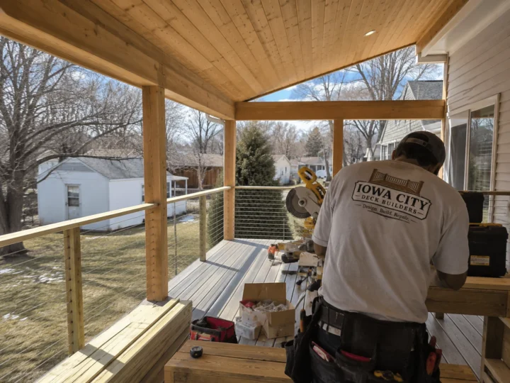 Worker finishing covered deck interior on a residential deck project in Coralville, Iowa.