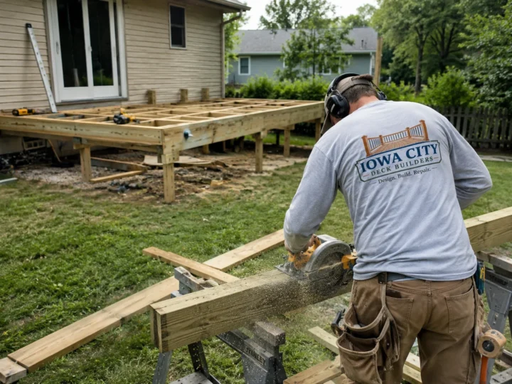 Worker framing new ground level deck on a residential deck project in Riverside, Iowa.