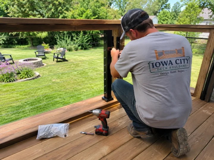 Worker installing black metal deck balusters on a residential deck project in Lone Tree, Iowa.