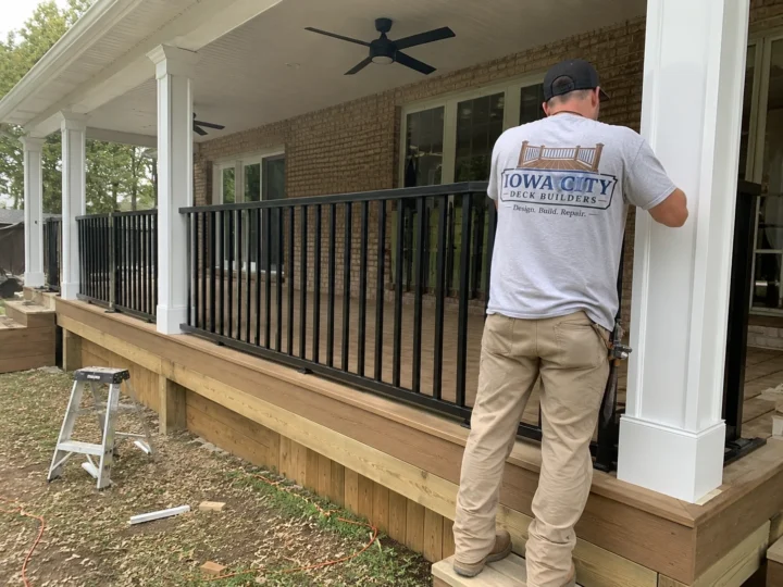 Worker installing black railing on covered deck on a residential deck project in West Liberty, Iowa.