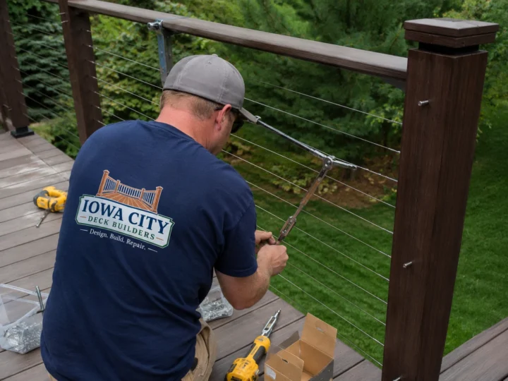 Worker installing cable deck railing on a residential deck project in Iowa City, Iowa.
