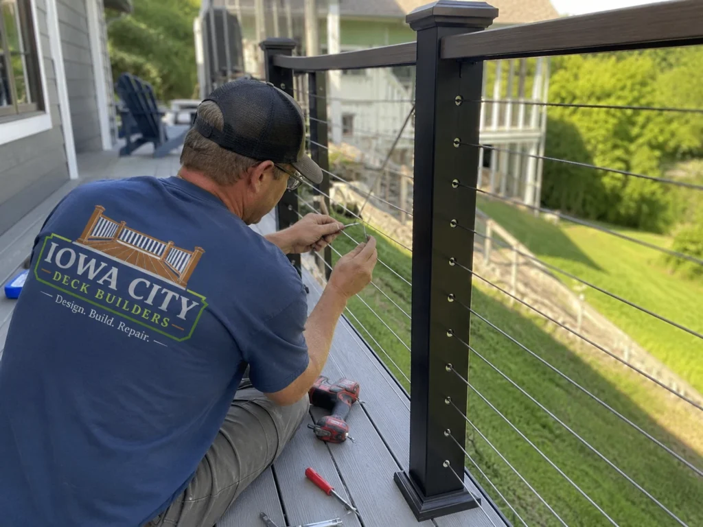 Worker installing cable deck railing post on a residential deck project in Iowa City, Iowa.