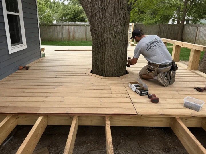 Worker installing composite decking around tree on a residential deck project in Tiffin, Iowa.