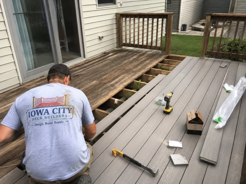 Worker installing composite decking over frame on a residential deck project in Oxford, Iowa.