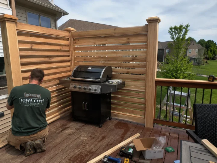Worker installing horizontal privacy screen beside grill on a residential deck project in Coralville, Iowa.