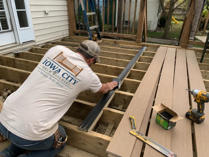 Worker installing new deck boards on a residential deck project in West Liberty, Iowa.