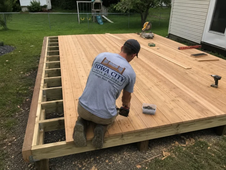 Worker installing new wood decking on a residential deck project in West Branch, Iowa.