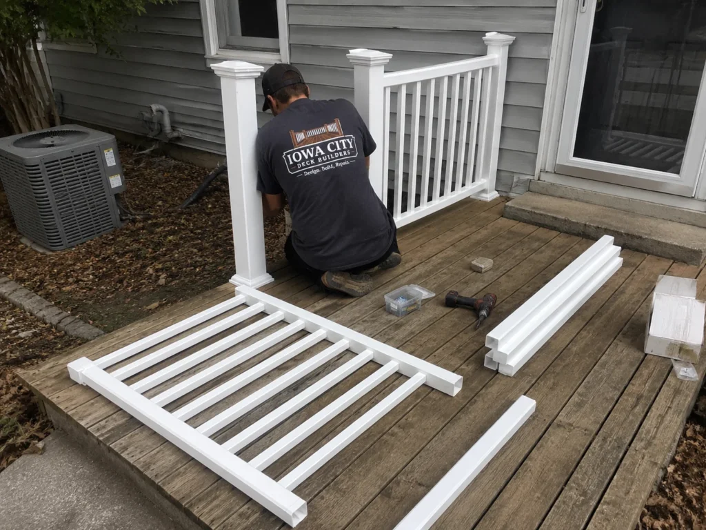 Worker installing white vinyl deck railing on a residential deck project in Amana, Iowa.