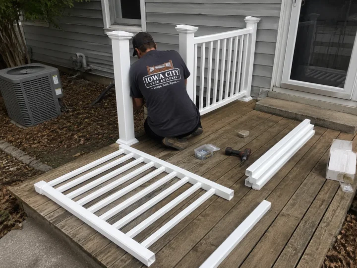 Worker installing white vinyl deck railing on a residential deck project in Amana, Iowa.