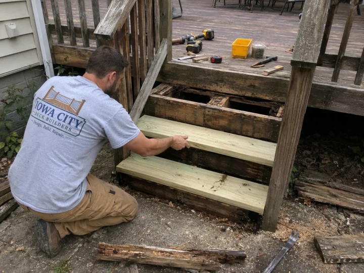 Worker rebuilding weathered deck stairs on a residential deck project in West Branch, Iowa.