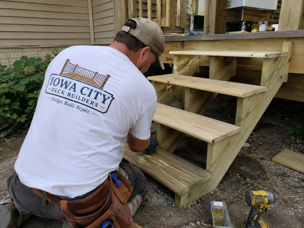 Worker rebuilding wood deck stairs on a residential deck project in Swisher, Iowa.