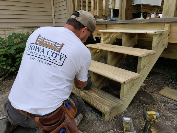 Worker rebuilding wood deck stairs on a residential deck project in Swisher, Iowa.