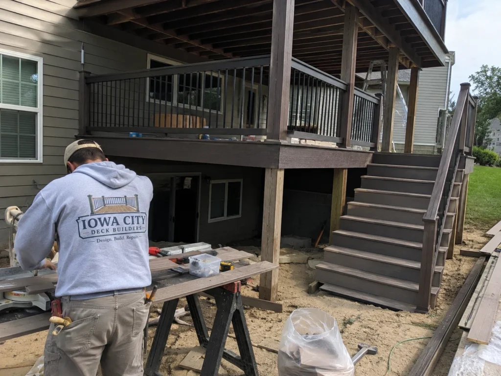 Worker repairing deck stairs and landing on a residential deck project in Amana, Iowa.