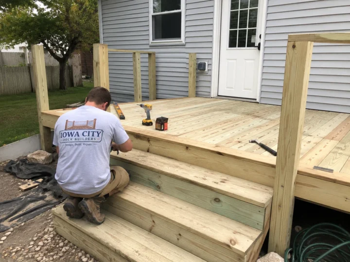 Worker repairing deck stairs and landing on a residential deck project in Iowa City, Iowa.