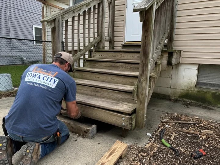 Worker repairing weathered deck stairs in North Liberty, Iowa.