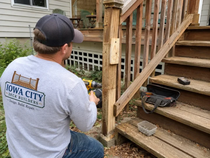 Worker repairing wood deck stairs on a residential deck project in North Liberty, Iowa.