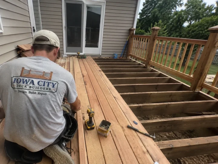 Worker replacing deck boards over exposed joists on a residential deck project in Shueyville, Iowa.