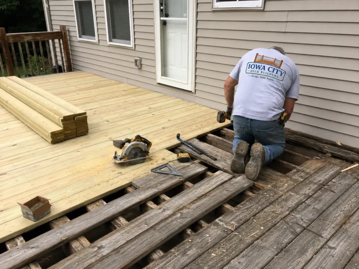 Worker replacing deck boards on a residential deck project in Riverside, Iowa.