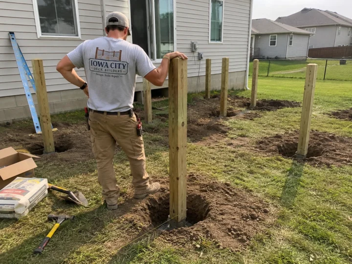 Worker setting new wood deck posts on a residential deck project in West Liberty, Iowa.